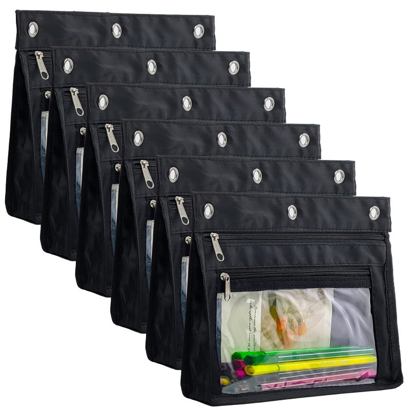 YoeeJob 1inch Expandable Pencil Pouch for 3 Ring Binder  6 Pack Large Capacity Pencil Pouch with Zipper  Three Ring Clear Binder Pencil Case Suitable for School and Office (6  Black) - Image 1